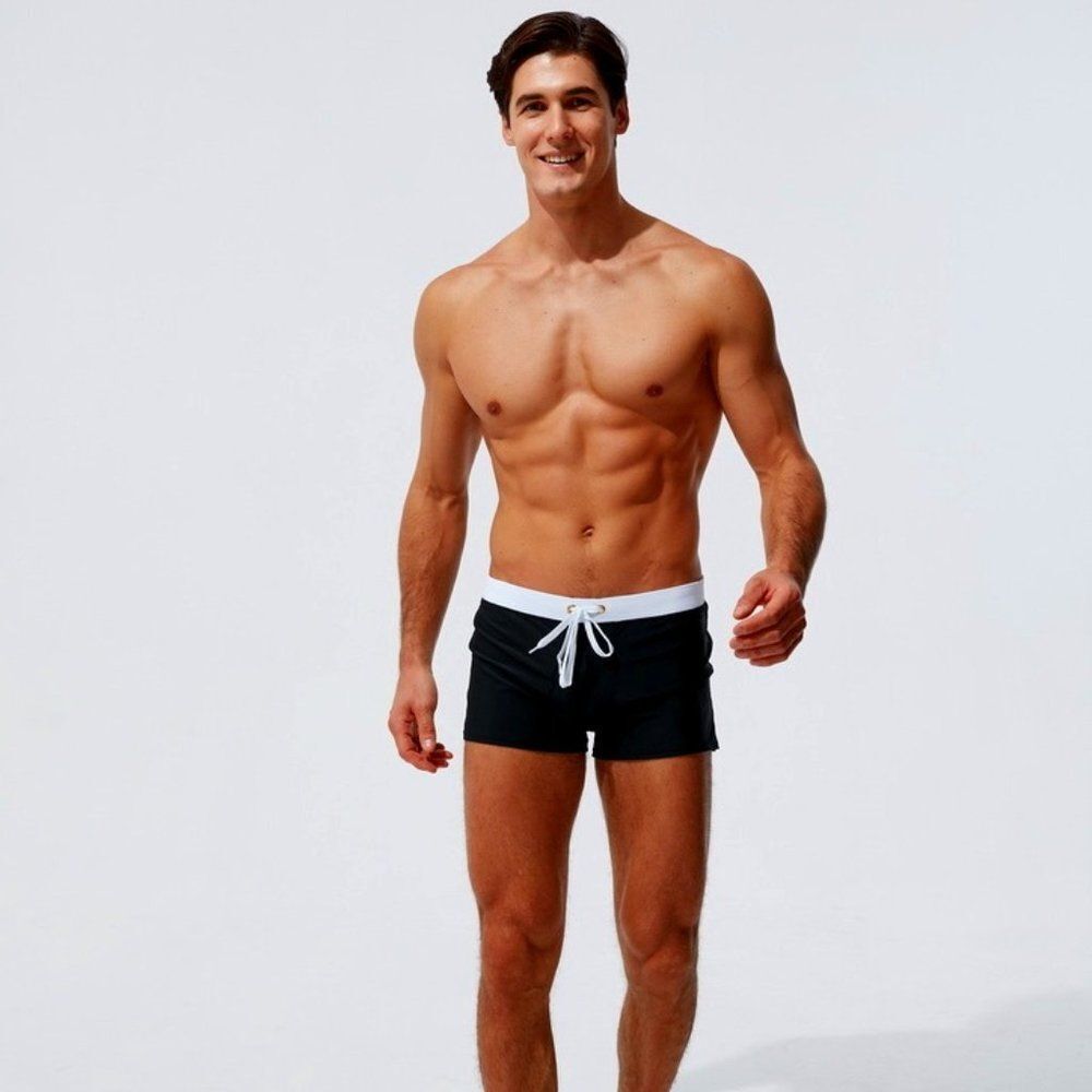 Men's Sexy Swim Trunks Zippered W/Back Pocket Pool Beach Black Medium